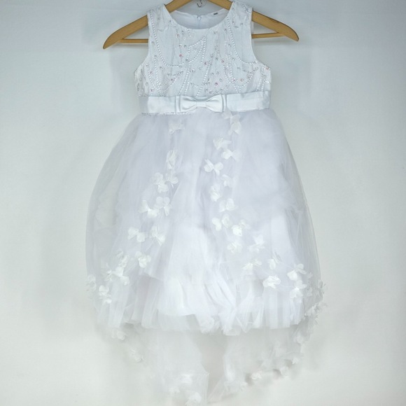 White Tulle Formal Christening Gown 7/8 Floral 3D Applique Satin Bow Flower Girl - Picture 3 of 16